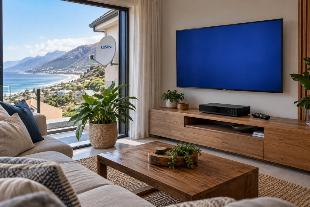 No signal on the TV DStv decoder and TV showing a no signal screen in a Fish Hoek lounge