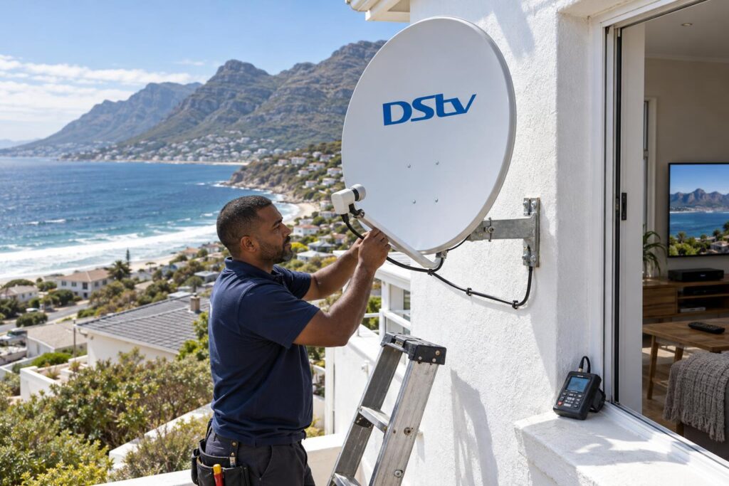 A dish built for the wind DStv dish on a sealed galvanised bracket built for False Bay wind
