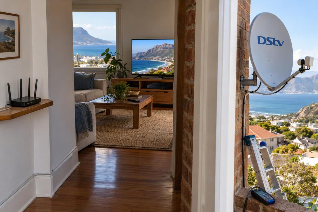 Internet for the Explora Ultra Router and network cable feeding an Explora Ultra in a Fish Hoek home