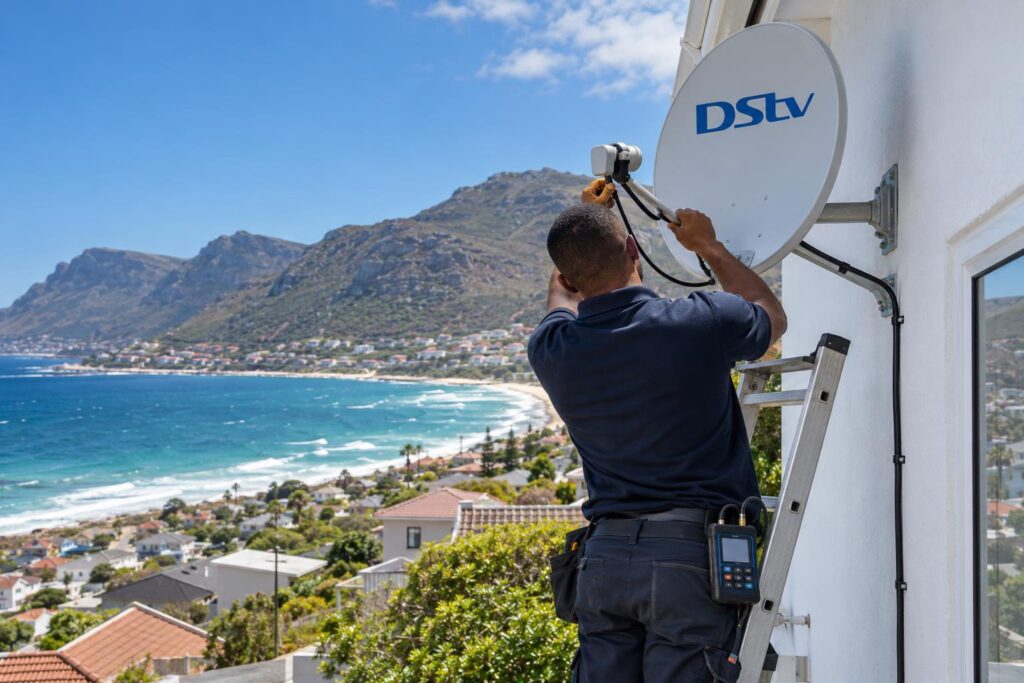 Smart LNB and dish install Technician fitting a Smart LNB for a DStv Explora installation in Fish Hoek