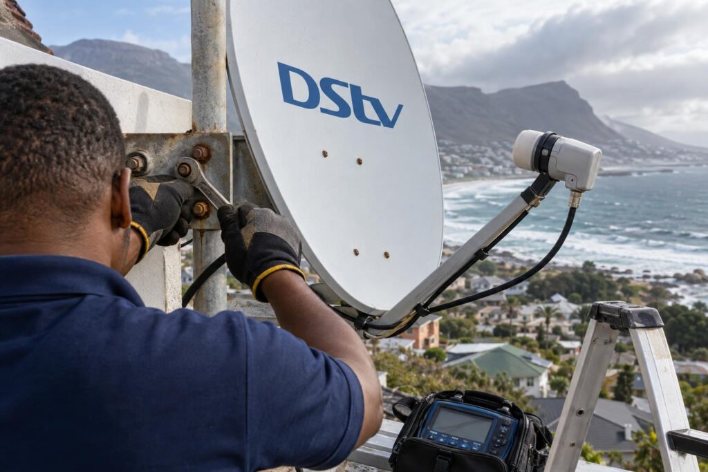 Technician tightening a windblown DStv dish bracket on a holiday home DStv roof