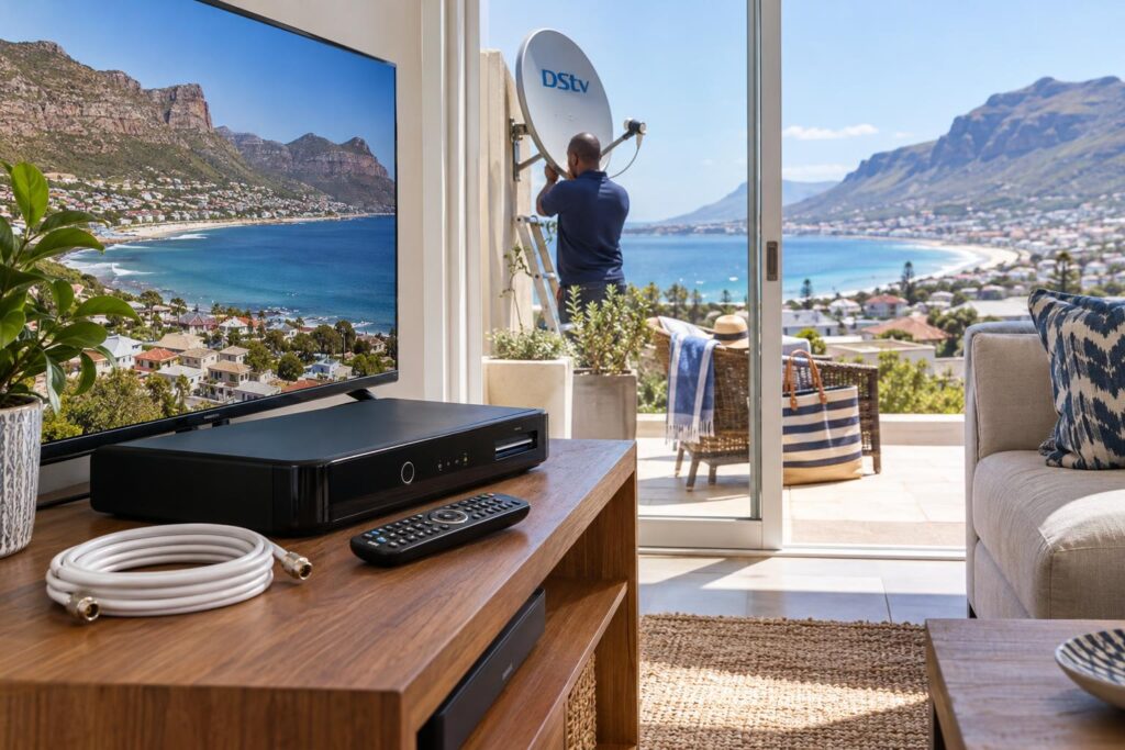DStv decoder and remote ready to activate in a Fish Hoek holiday cottage