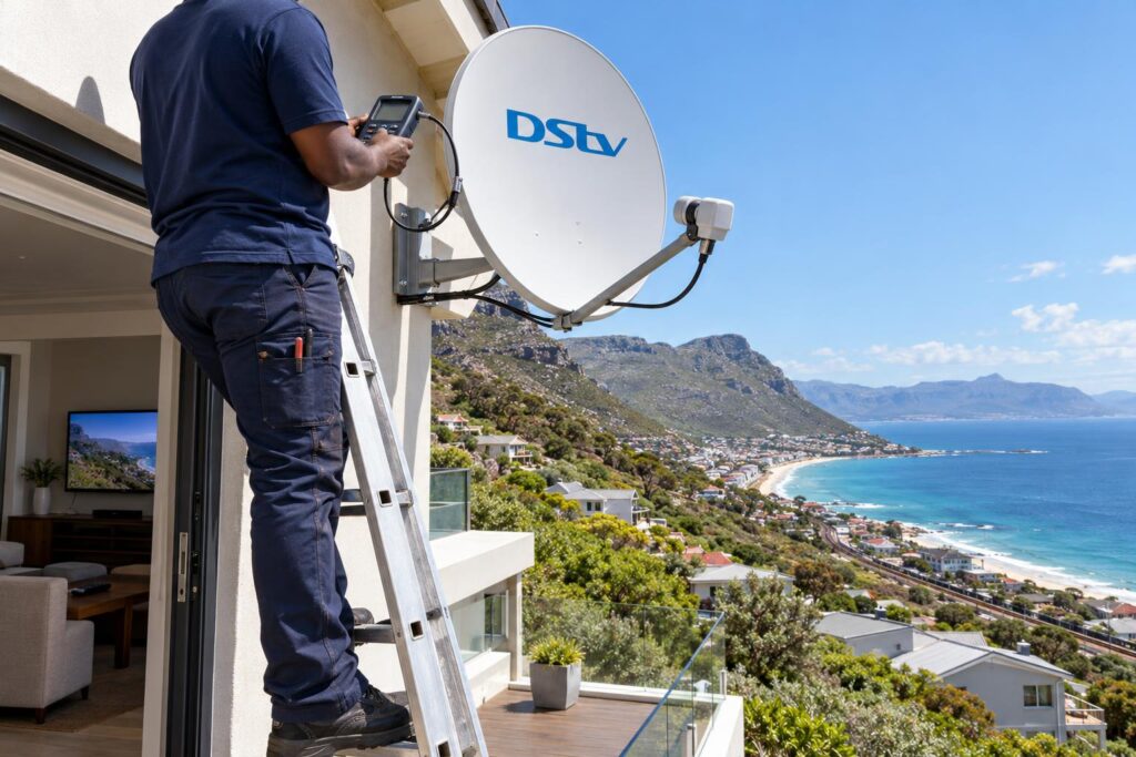 Installer testing signal on a holiday home DStv dish near Fish Hoek