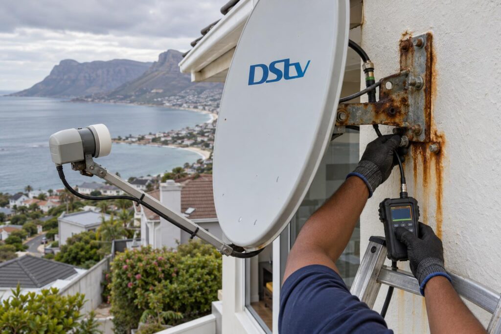 Rusted DStv dish bracket Technician inspecting a rusted DStv dish bracket on a Glencairn holiday home wall