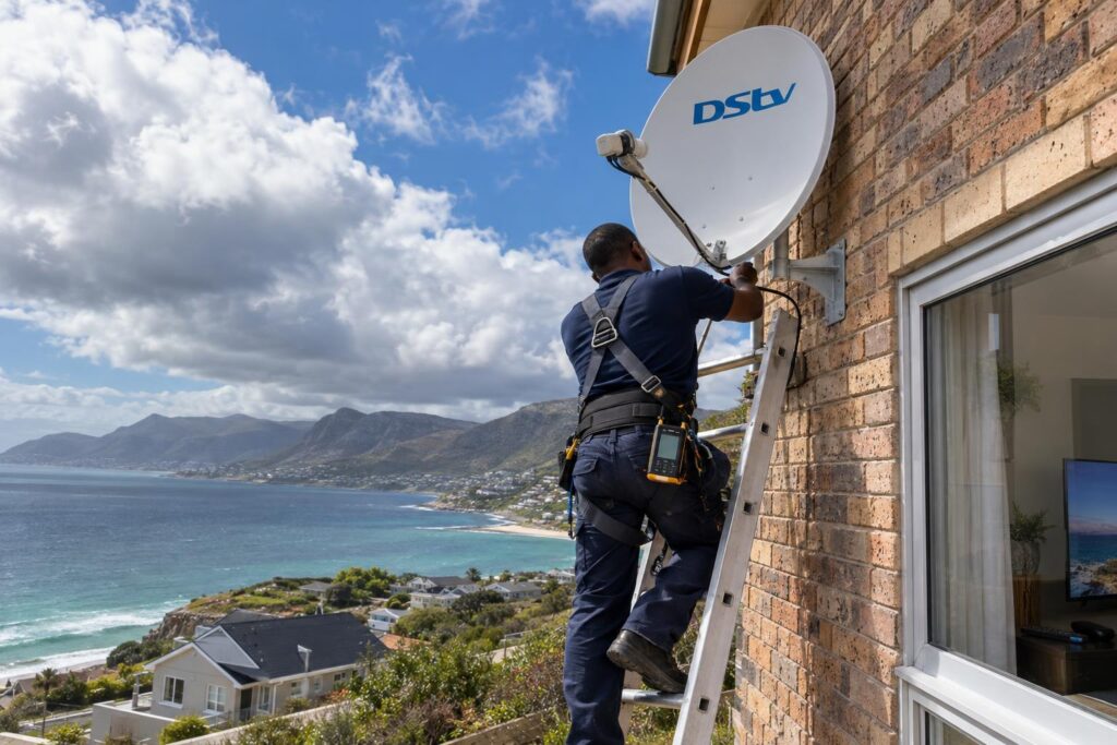 Realigning a dish after the wind Technician on a ladder doing DStv dish alignment on a Clovelly home