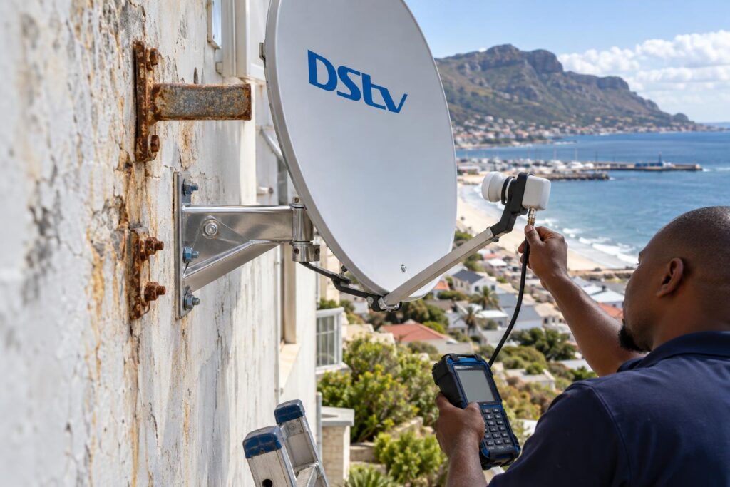 Salt air and rusty brackets Rusted bracket next to a new stainless mount for a coastal DStv dish