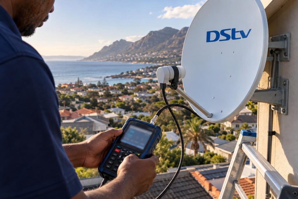 Peaking signal quality with a meter Signal meter used to peak quality during DStv dish alignment in Fish Hoek