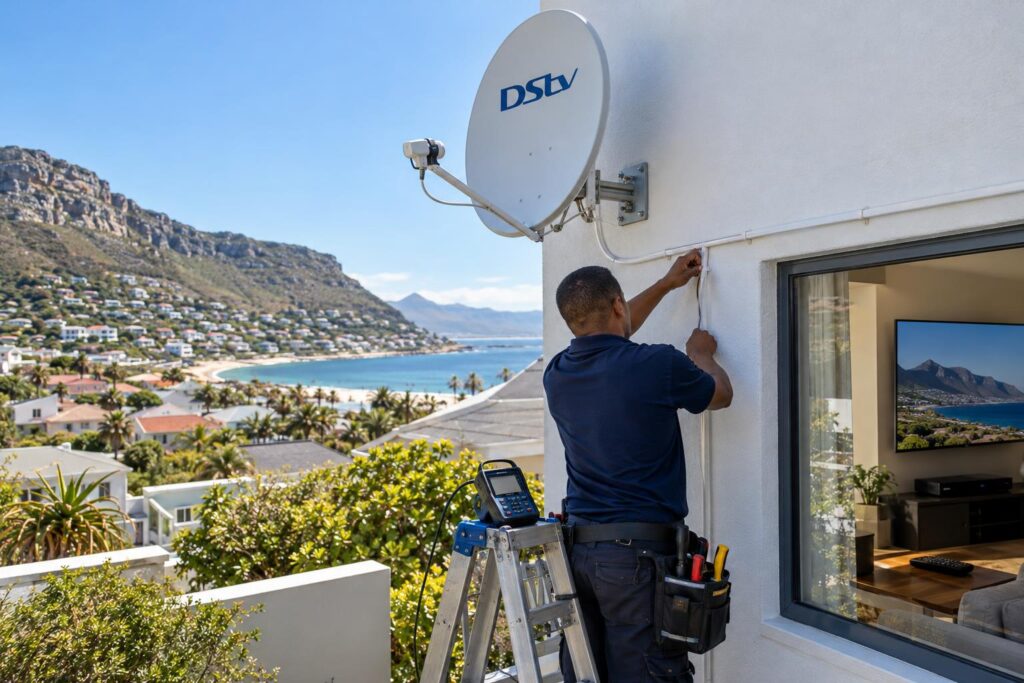 Network cabling below a DStv dish Neat network cable run below a DStv dish on a Fish Hoek home