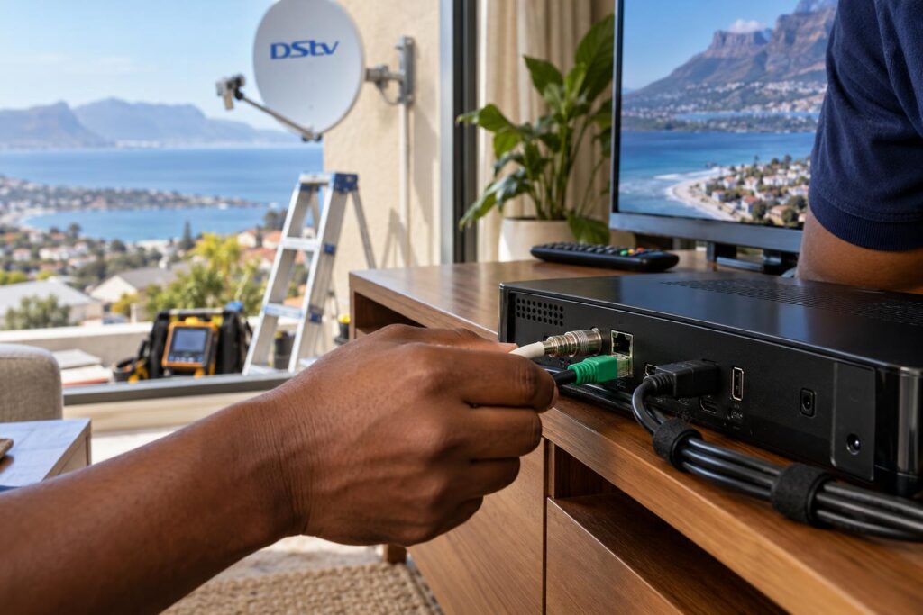 Connecting the Explora network cable Technician plugging in a network cable to fix DStv Catch Up not working