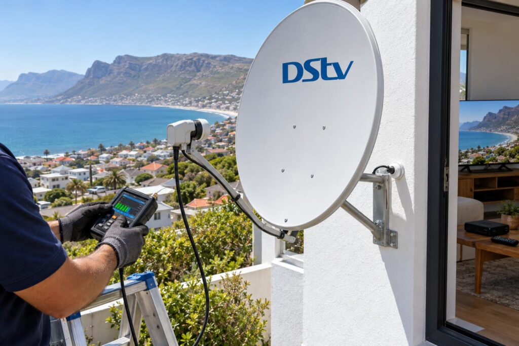 Dish signal test in Fish Hoek DStv dish being tested on a Fish Hoek house wall by a local technician
