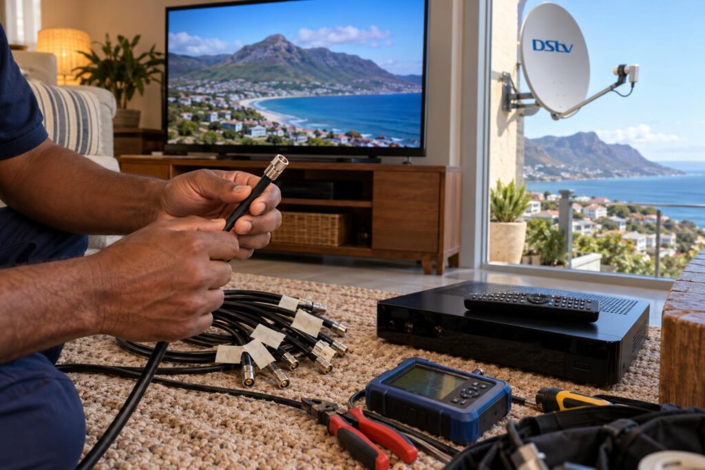 Labelling the decoder cables Technician labelling DStv decoder cables before reconnecting a decoder at home
