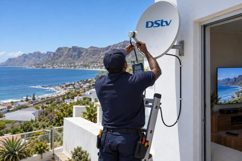 Sealing the LNB cable at the dish DStv dish with sealed Smart LNB cable connector on a Glencairn home