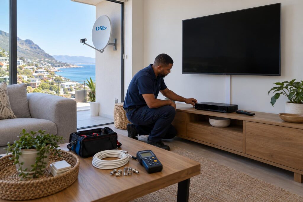 Neat hidden TV cabling Wall-mounted TV with hidden DStv decoder cables in a Fish Hoek area home