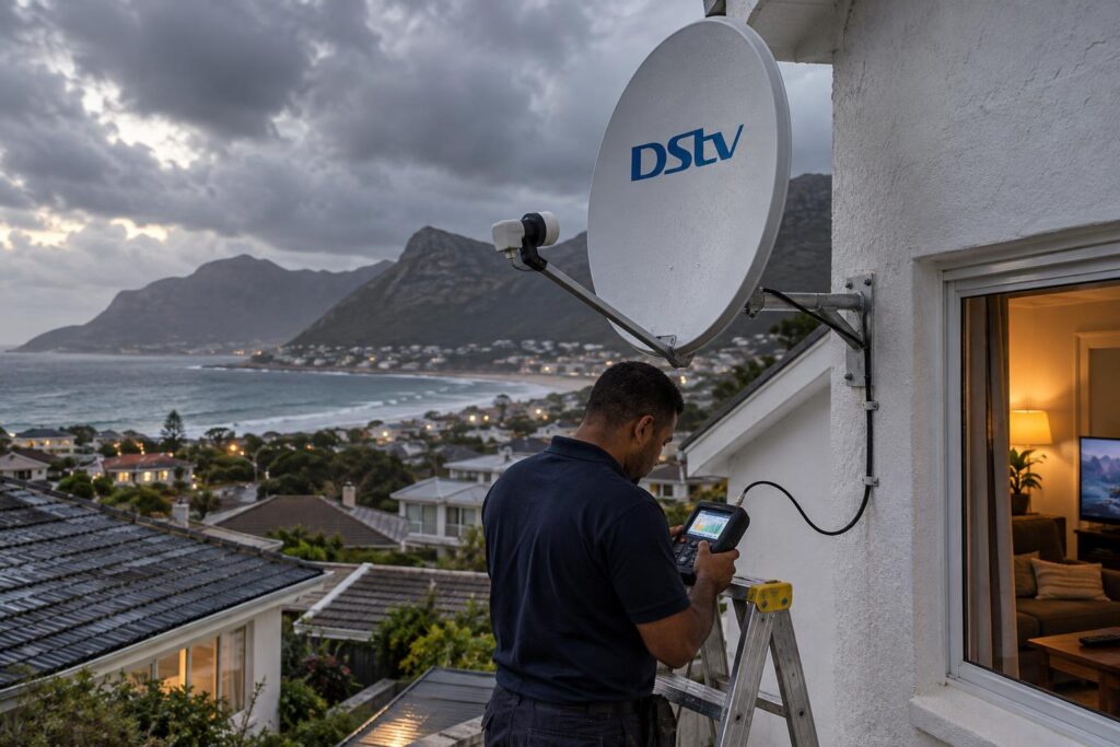 Storm evening in the valley DStv dish on a Fish Hoek wall during a southeaster storm and power cut