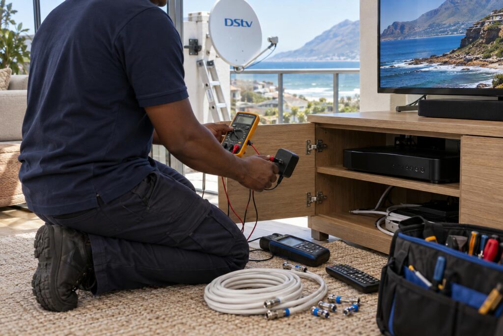 Decoder repair visit DStv technician testing a decoder power supply during a Fish Hoek repair visit