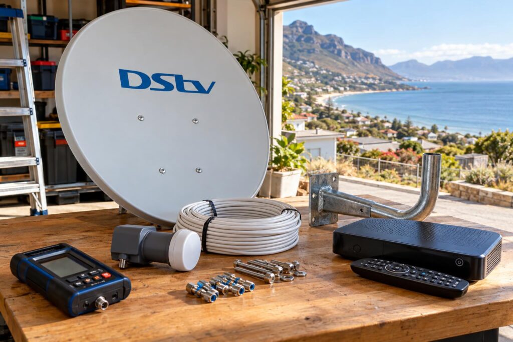 Parts that make up a dish install DStv dish price parts list: dish, bracket, Smart LNB and RG6 cable