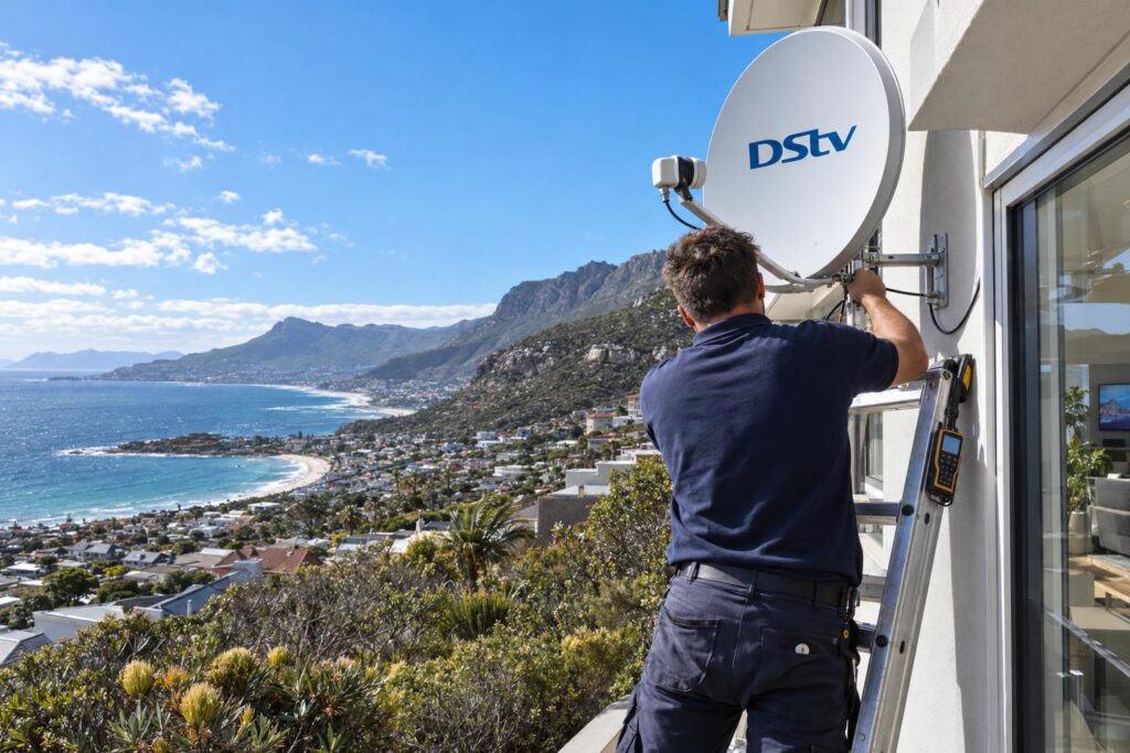 Aligning the dish with a meter Technician aligning a DStv dish with a signal meter near Fish Hoek