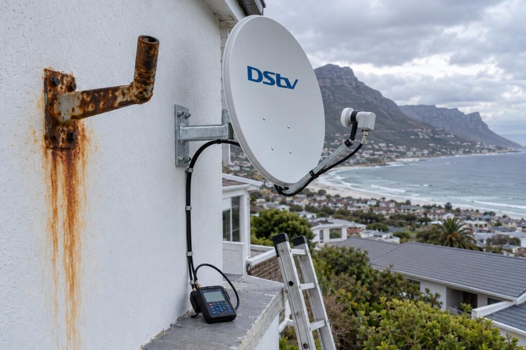 Reuse or replace an old dish Old rusted bracket next to a new DStv dish mount in salt air