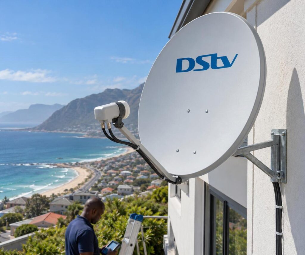 Dish feeding two decoders DStv dish with LNB and two cables on a Fish Hoek house wall