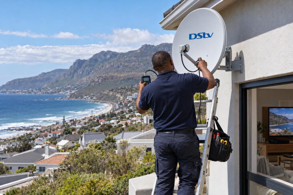 Dish check before linking decoders Technician aligning a DStv dish near Glencairn before an XtraView link
