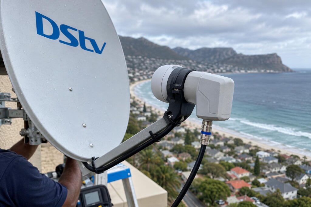 Smart LNB sealed against salt air Smart LNB and sealed connectors on a coastal DStv dish in Fish Hoek