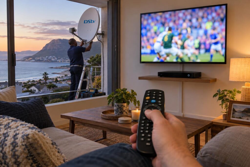 Explora Ultra ready to watch Explora Ultra decoder and remote in a Fish Hoek family room