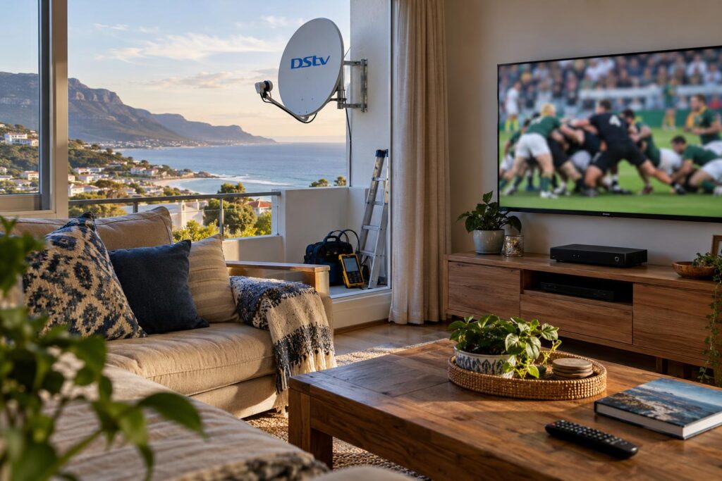 Choosing the right DStv package Family lounge with DStv decoder and TV for choosing DStv packages prices