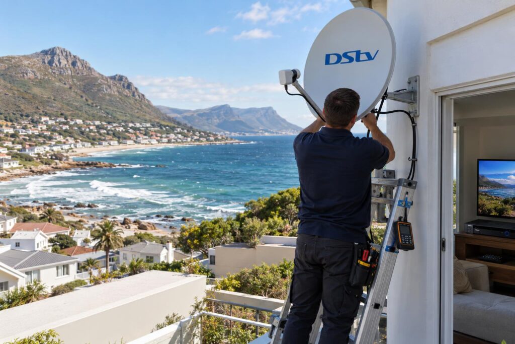 New DStv installation on the coast Technician aligning a DStv dish on a windy False Bay home in Fish Hoek