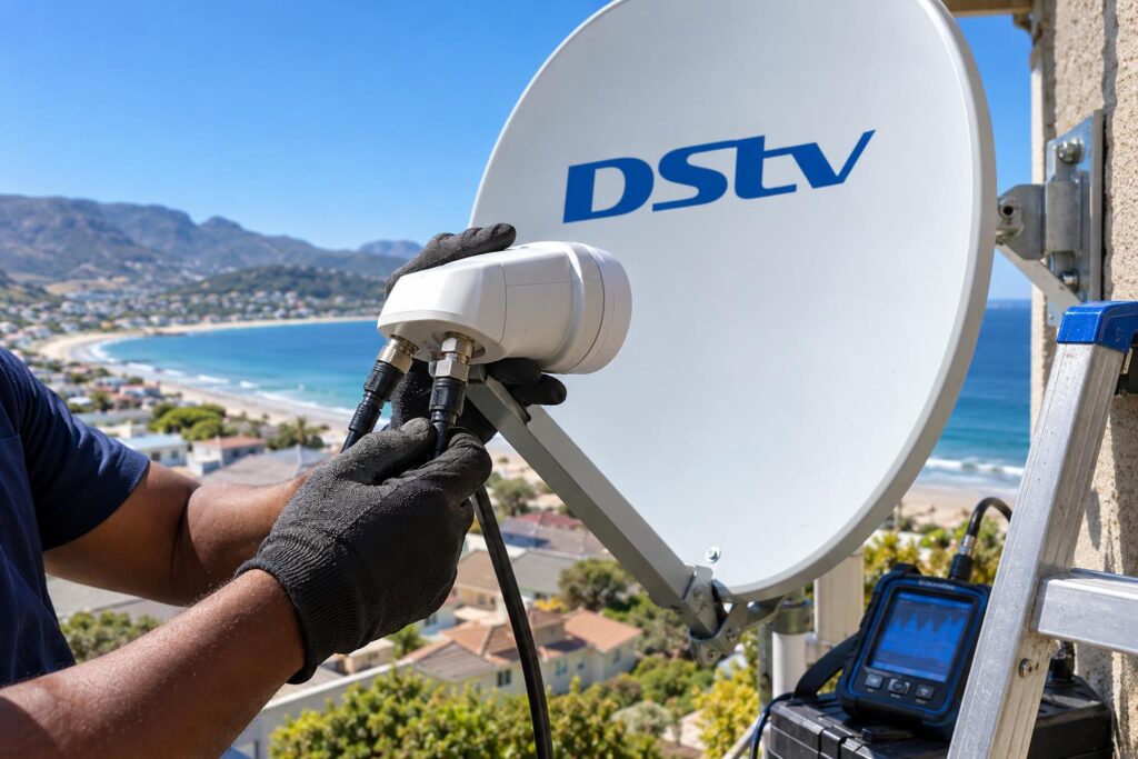Smart LNB outputs and connectors Smart LNB with two Unicable outputs connected on a DStv satellite dish