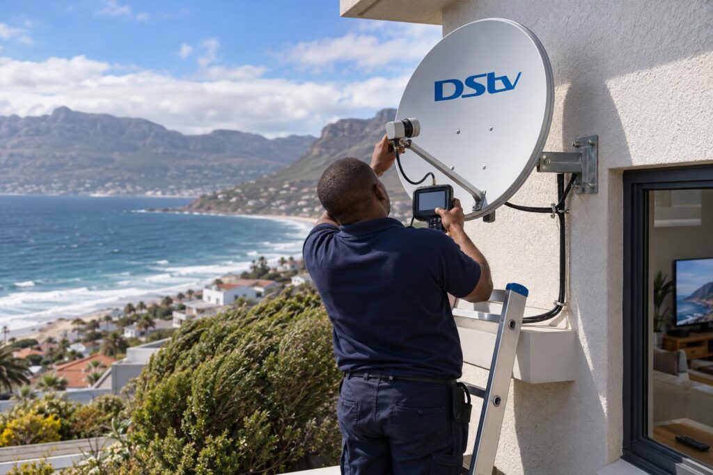 Dish alignment after LNB fitting Technician aligning a DStv dish after fitting a Smart LNB in Fish Hoek