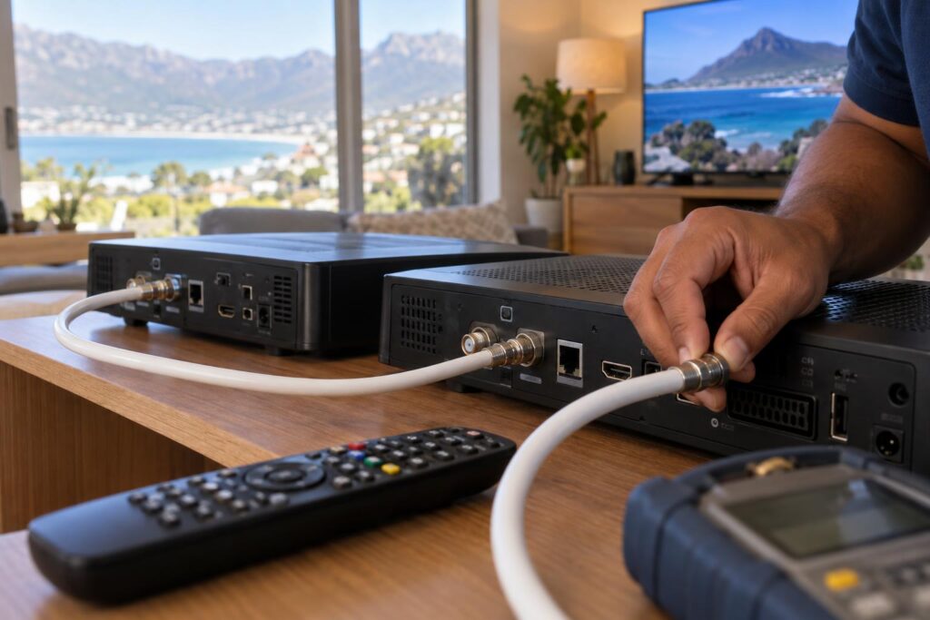 Checking the heartbeat link Technician hand tightening the cable that links two DStv XtraView decoders