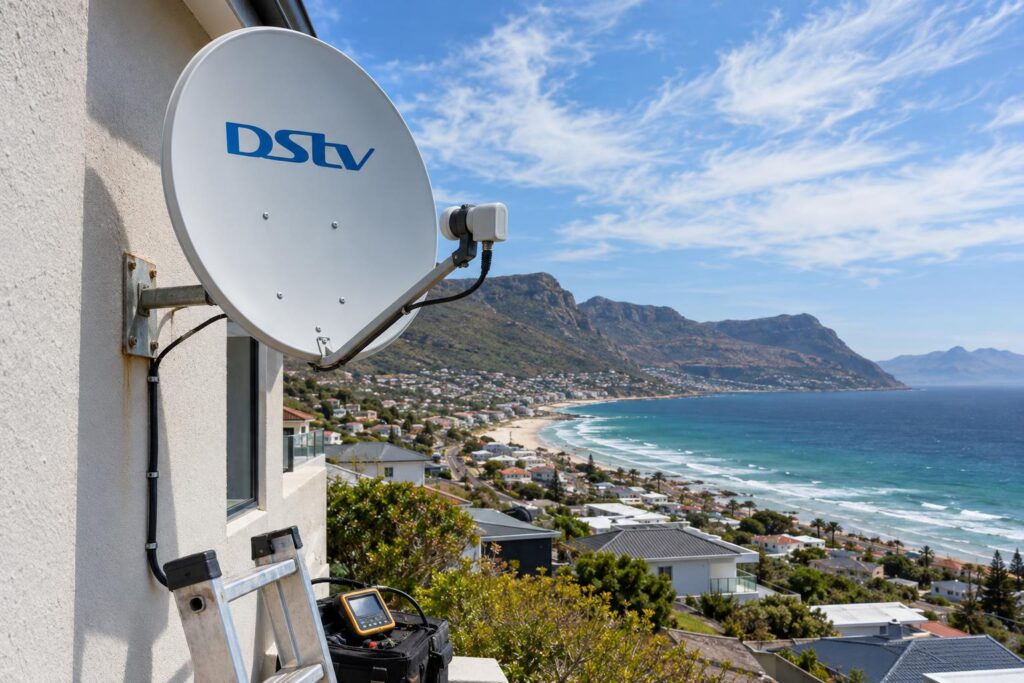 Coastal dish and cabling DStv dish on a Fish Hoek wall exposed to salt air and southeaster wind