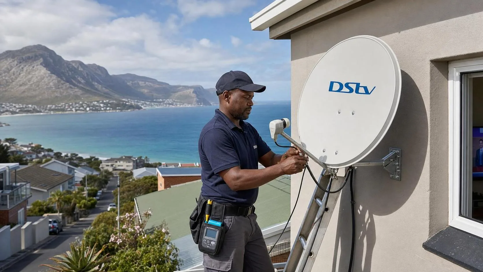 DStv technician completing neat coastal installation work