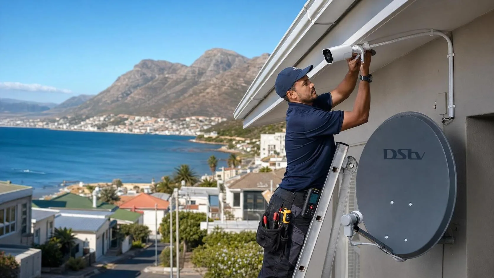 Technician installing a CCTV camera in Fish Hoek