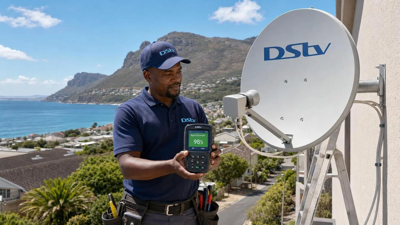 Technician aligning a satellite dish in Fish Hoek