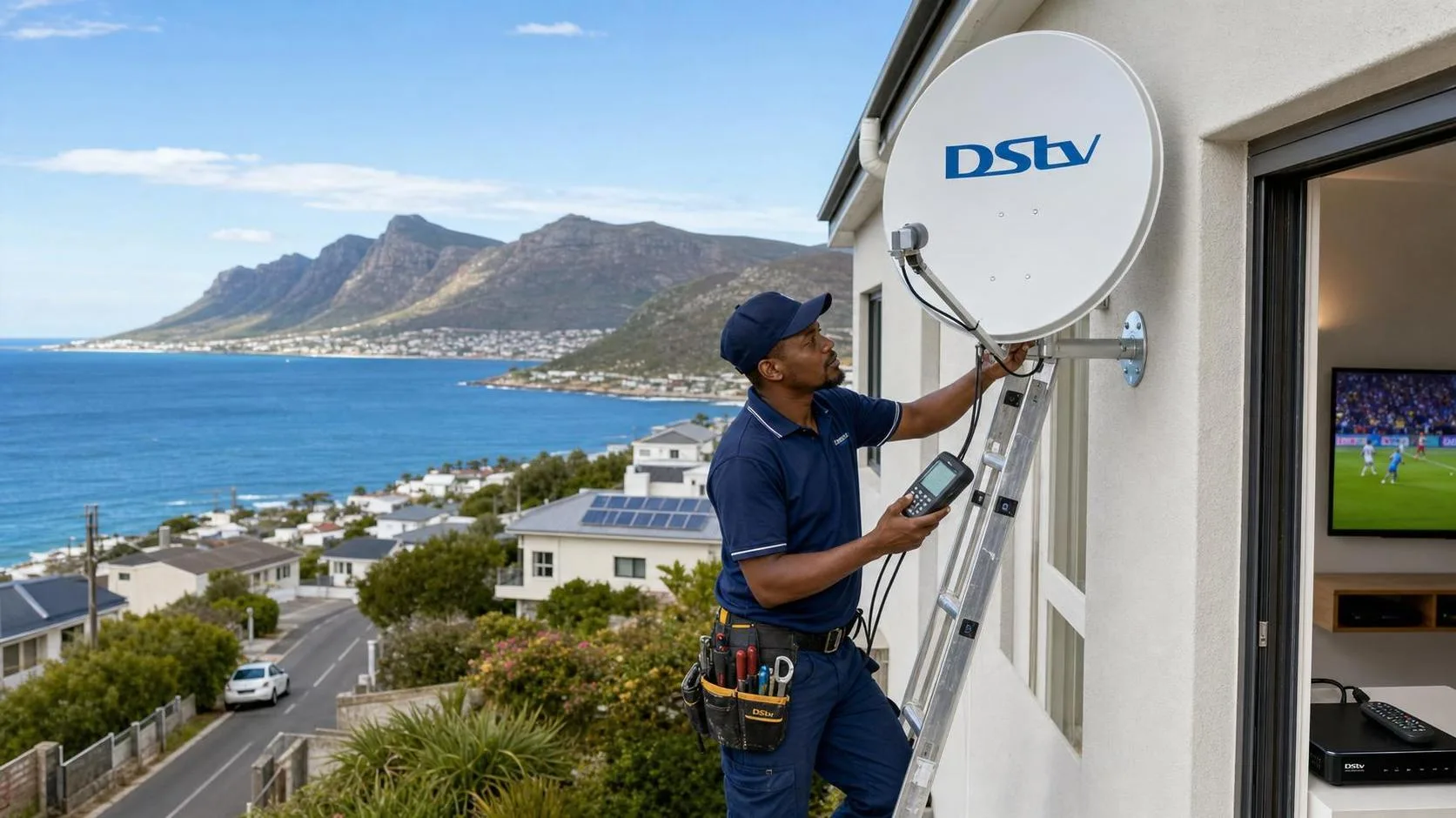 Technician completing a new DStv installation in Fish Hoek