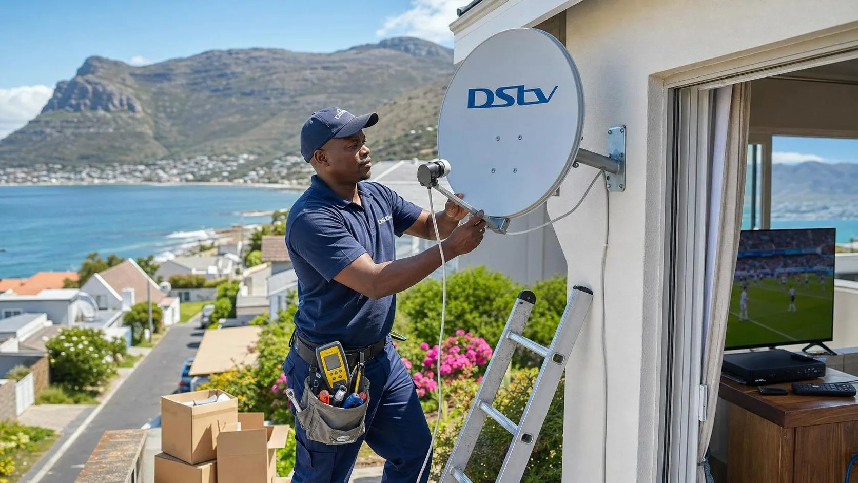 Technician relocating satellite equipment in Fish Hoek