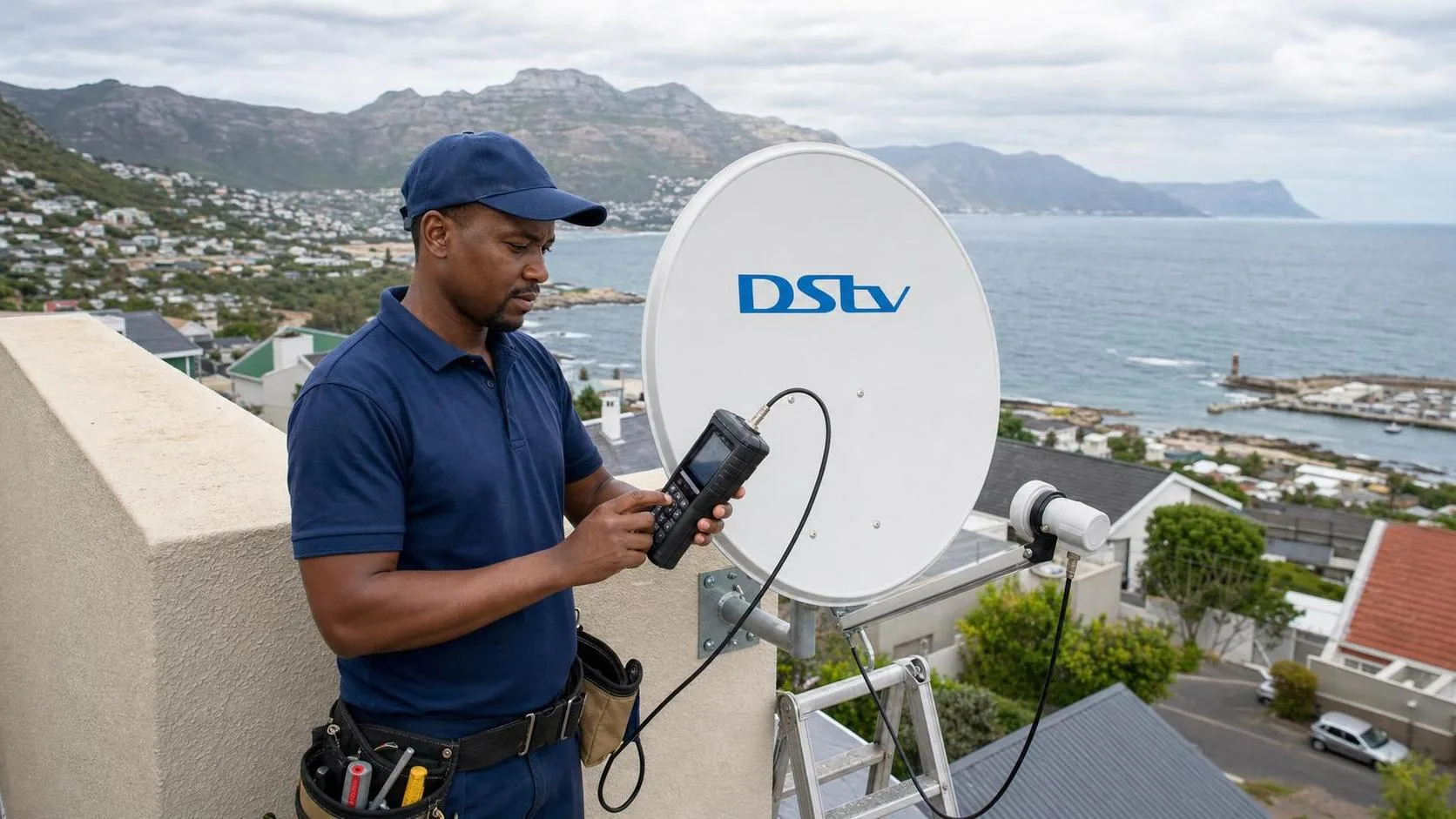 Technician diagnosing a DStv signal fault in Fish Hoek