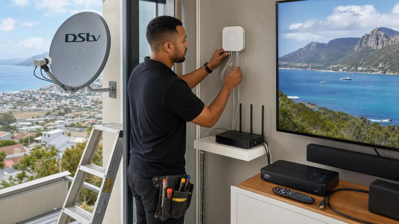 Technician setting up a home WiFi network in Fish Hoek